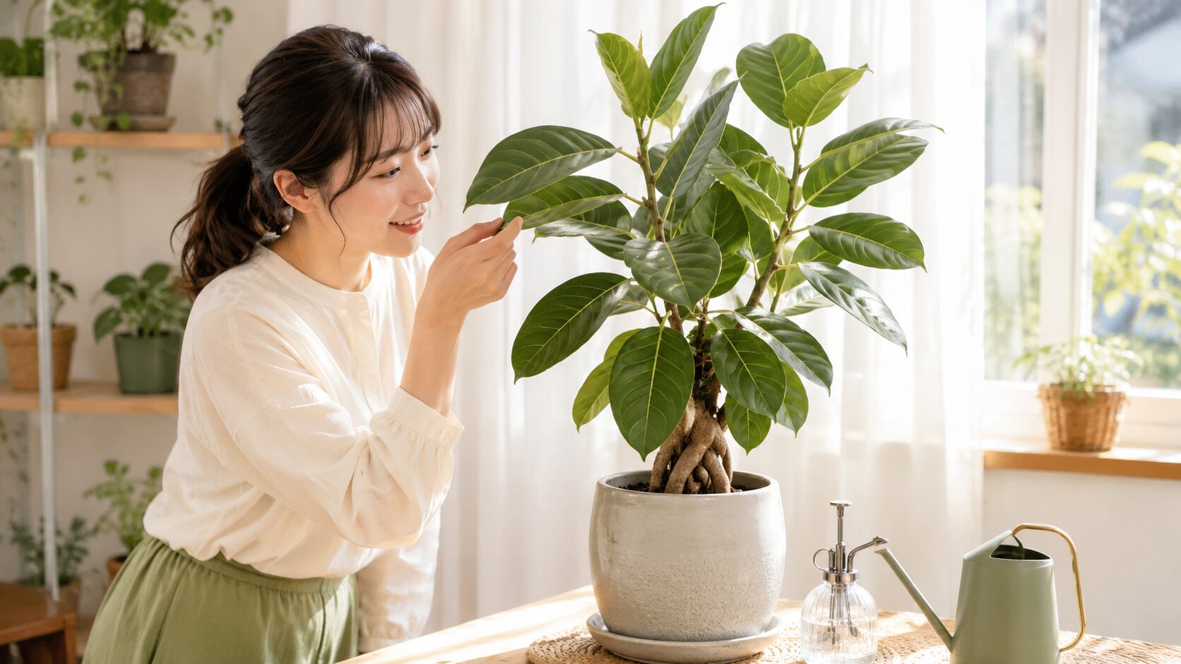 明るい室内で、日本人女性が鉢植えのベンガレンシスの葉をやさしく確認している様子の見出し画像。初心者でも育てやすいかをイメージできる。