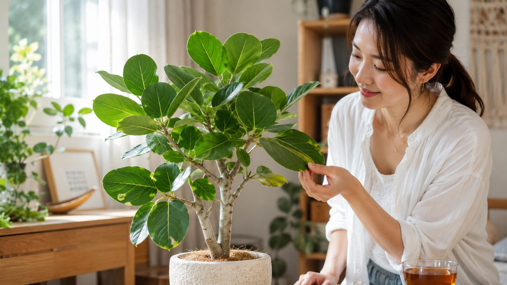 明るい室内で、日本人女性が白い幹と丸い葉が特徴のベンガレンシスをやさしく観察している見出し画像。難しいと言われるベンガレンシスも、管理のコツを押さえれば元気に育てられることをイメージできる。