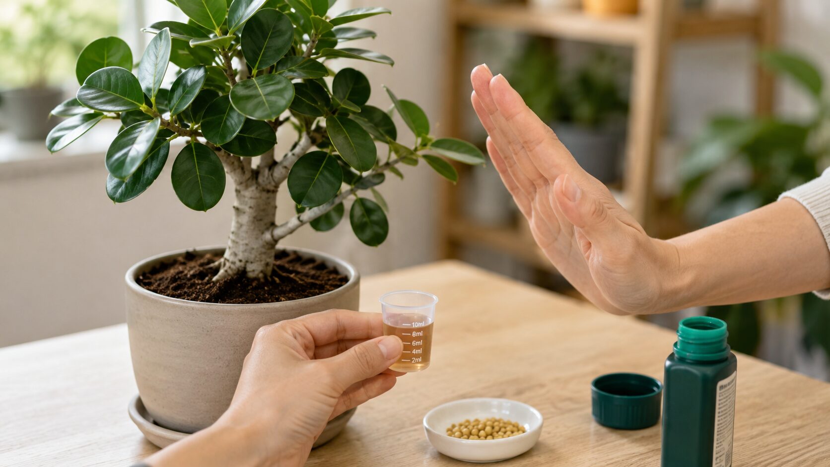 ベンガレンシスの前で液体肥料と固形肥料を示しながら、入れすぎを止めるしぐさをしている見出し画像。肥料過多による失敗を防ぐ注意点を表している。