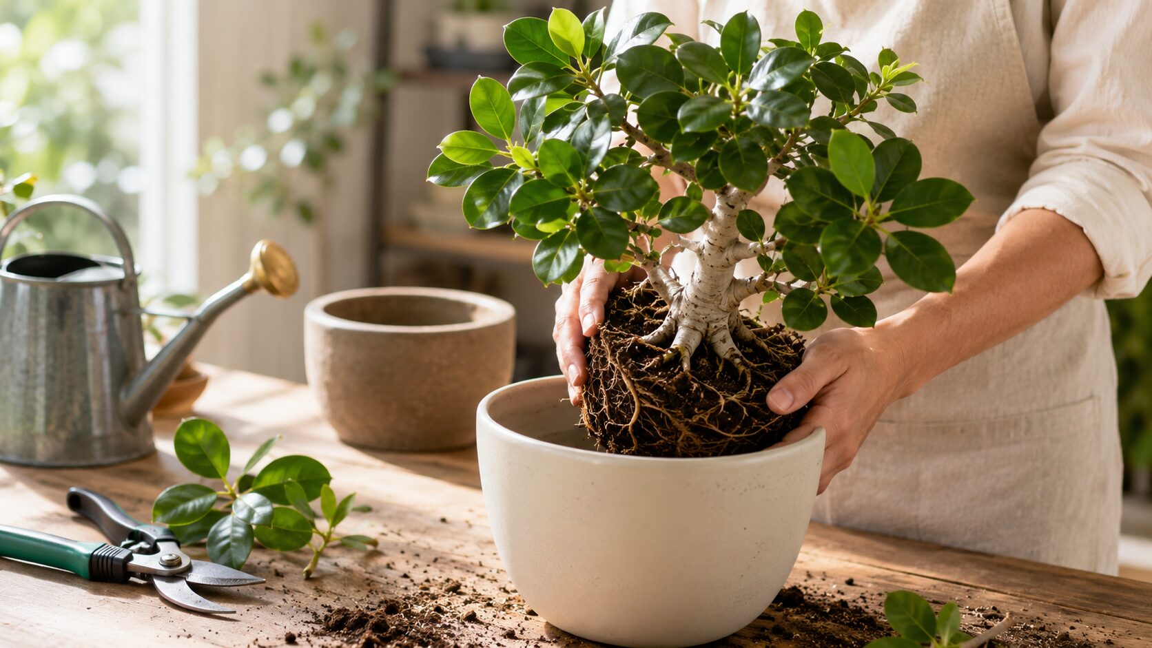 ベンガレンシスの根鉢を新しい鉢に植え替えている見出し画像。剪定ばさみやじょうろも写り、植え替えと剪定のタイミングをイメージできる。