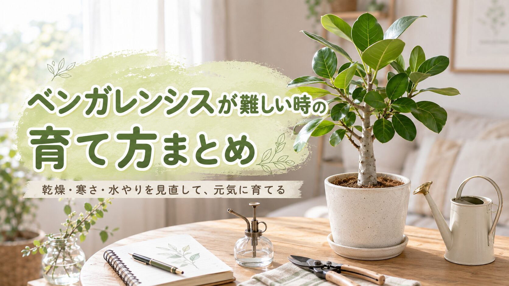 ベンガレンシスが難しい時の育て方まとめを紹介する見出し画像。白っぽい幹と丸い濃緑の葉が特徴のベンガレンシスを室内に配置し、乾燥・寒さ・水やりを見直して元気に育てるポイントをまとめている。