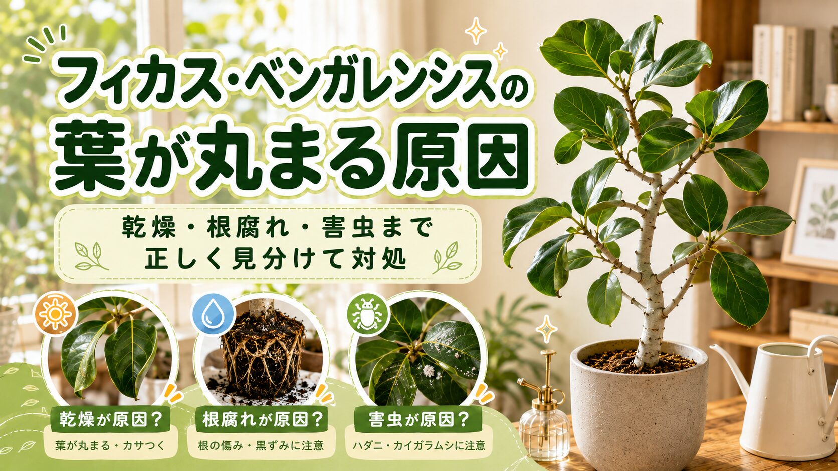 フィカス・ベンガレンシスの葉が丸まる原因を解説するアイキャッチ画像。室内で育つベンガレンシスの鉢植えを背景に、乾燥・根腐れ・害虫の見分け方と対処のポイントを分かりやすくまとめている