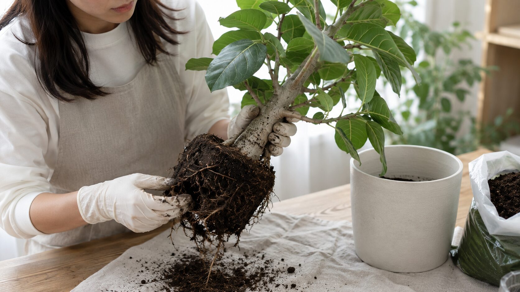 フィカス・ベンガレンシスを鉢から抜き、根の状態を確認しながら植え替え作業をしている様子