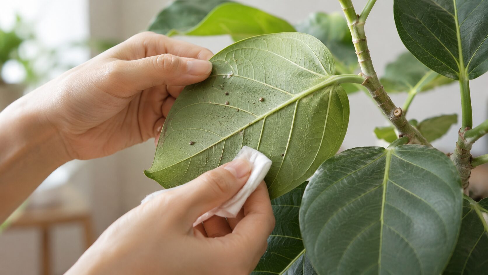 フィカス・ベンガレンシスの葉裏を拭き取りながら、害虫や汚れを早めに確認して駆除している様子