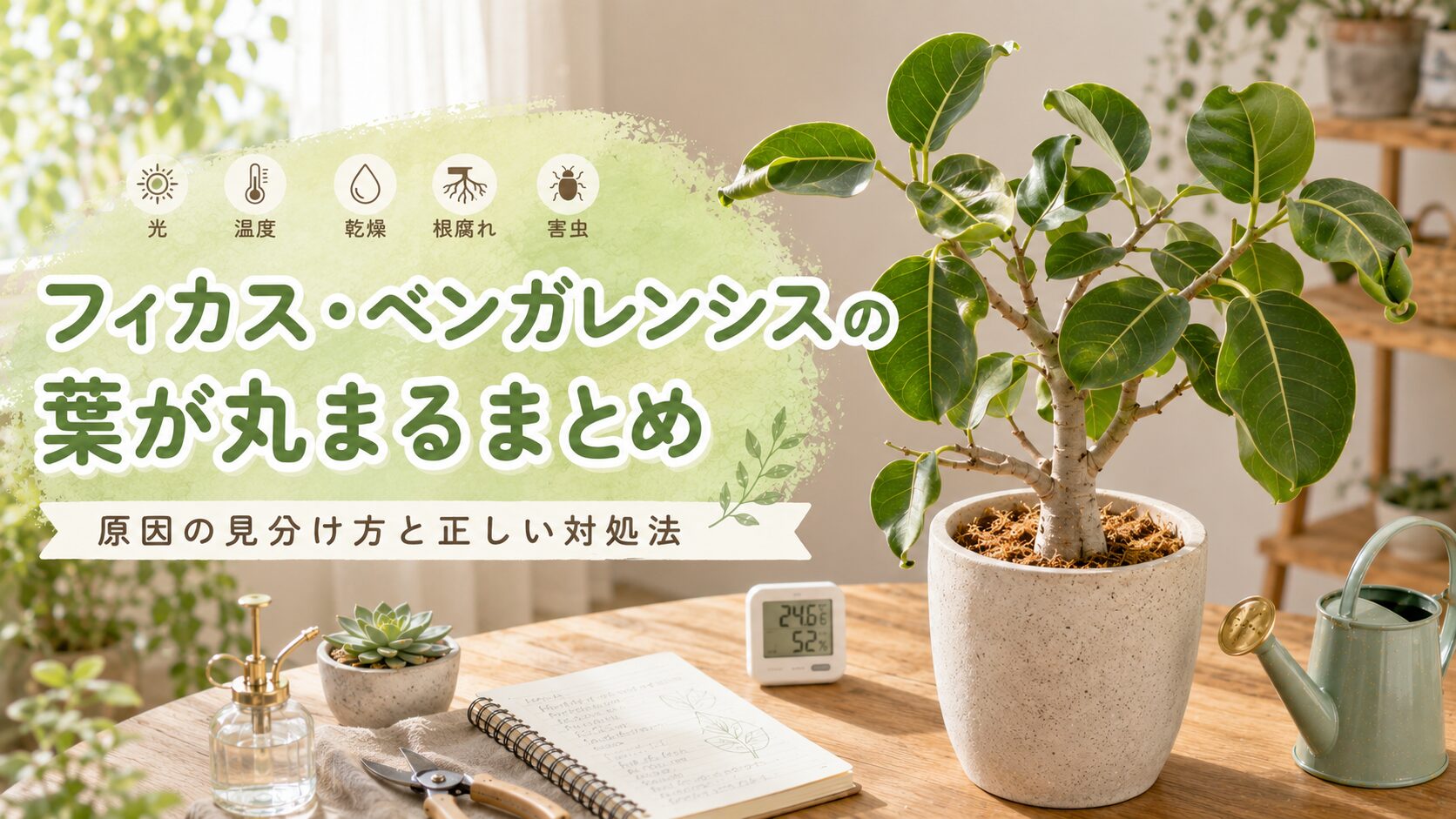 フィカス・ベンガレンシスの葉が丸まる原因と対処法をまとめた画像。室内の鉢植えと霧吹き、水やり道具、温湿度計を背景に、乾燥・根腐れ・害虫・光・温度のポイントを紹介している