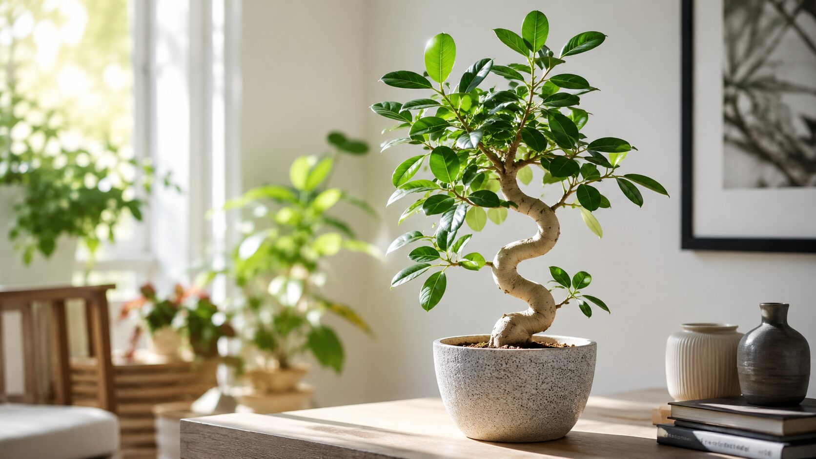 S字に曲げ仕立てたフィカス・ベンガレンシスの鉢植えを明るい室内に飾った様子