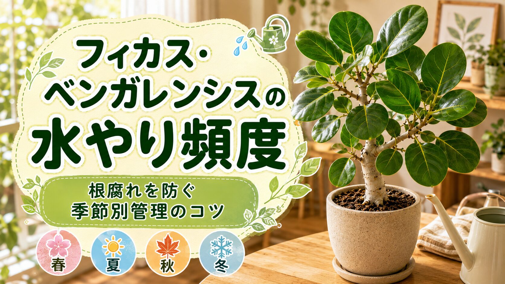 フィカス・ベンガレンシスの水やり頻度をテーマにしたアイキャッチ画像。室内に置かれた元気なベンガレンシスとじょうろを背景に、季節別の管理で根腐れを防ぐコツをわかりやすく紹介している。
