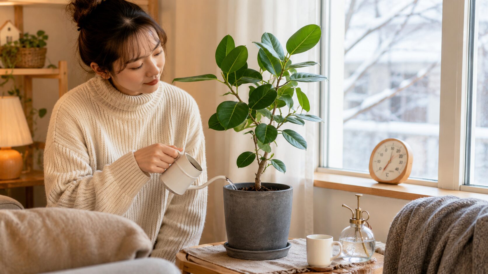 冬の室内で日本人女性がフィカス・ベンガレンシスに控えめに水やりする冬越し管理の様子