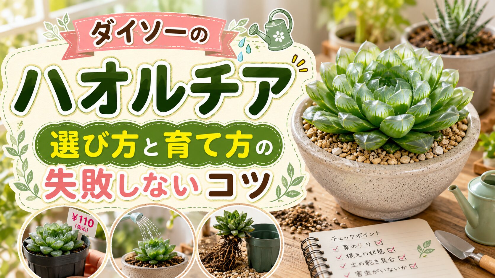 ダイソーで買えるハオルチアの選び方と育て方を紹介するアイキャッチ画像。鉢植えのハオルチアを大きく配置し、値段・水やり・植え替え・チェックポイントなど記事内容をイメージできるデザイン