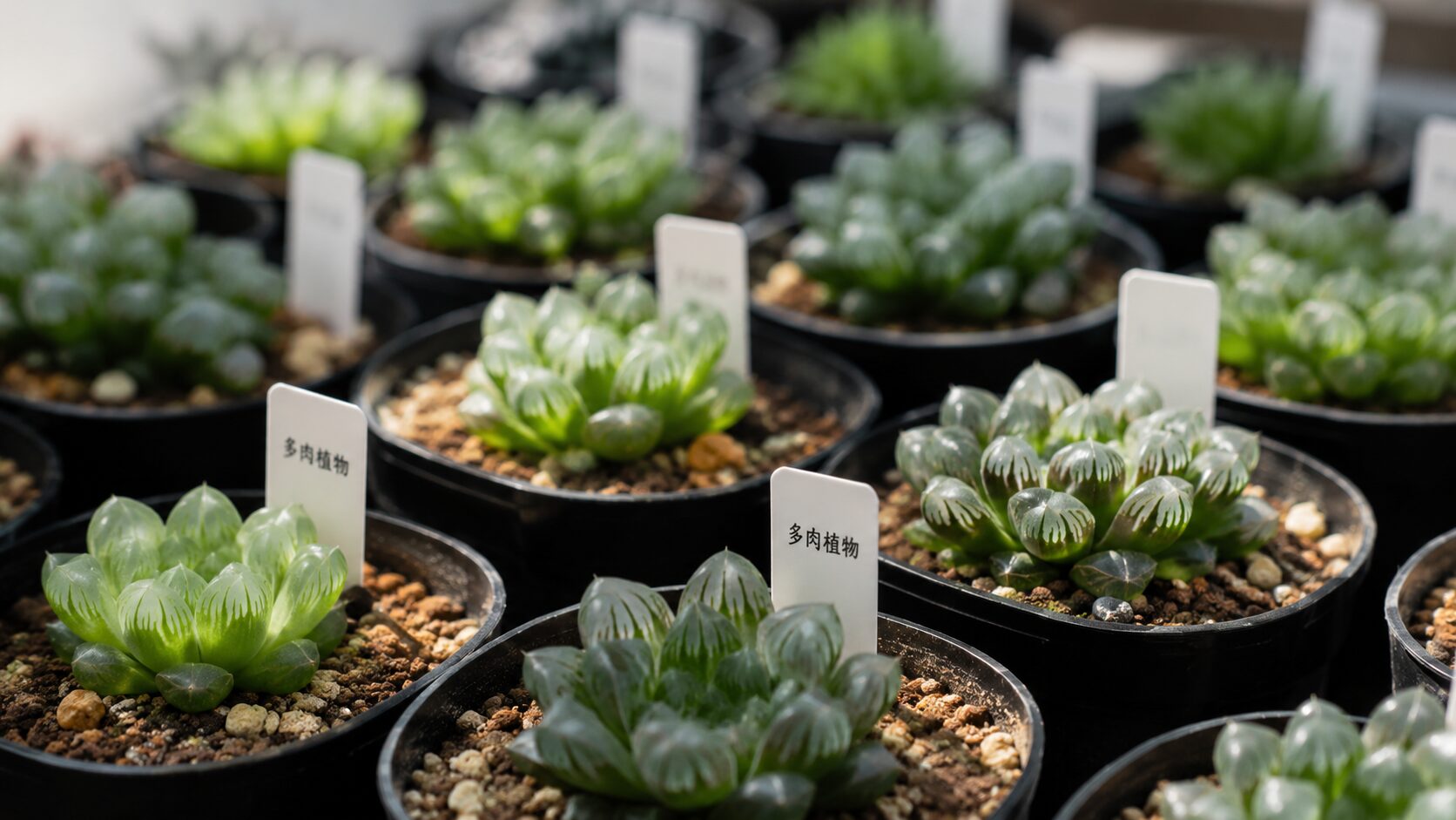 品種名がなく多肉植物とだけ表示されたハオルチア苗が黒いポットに並ぶ様子