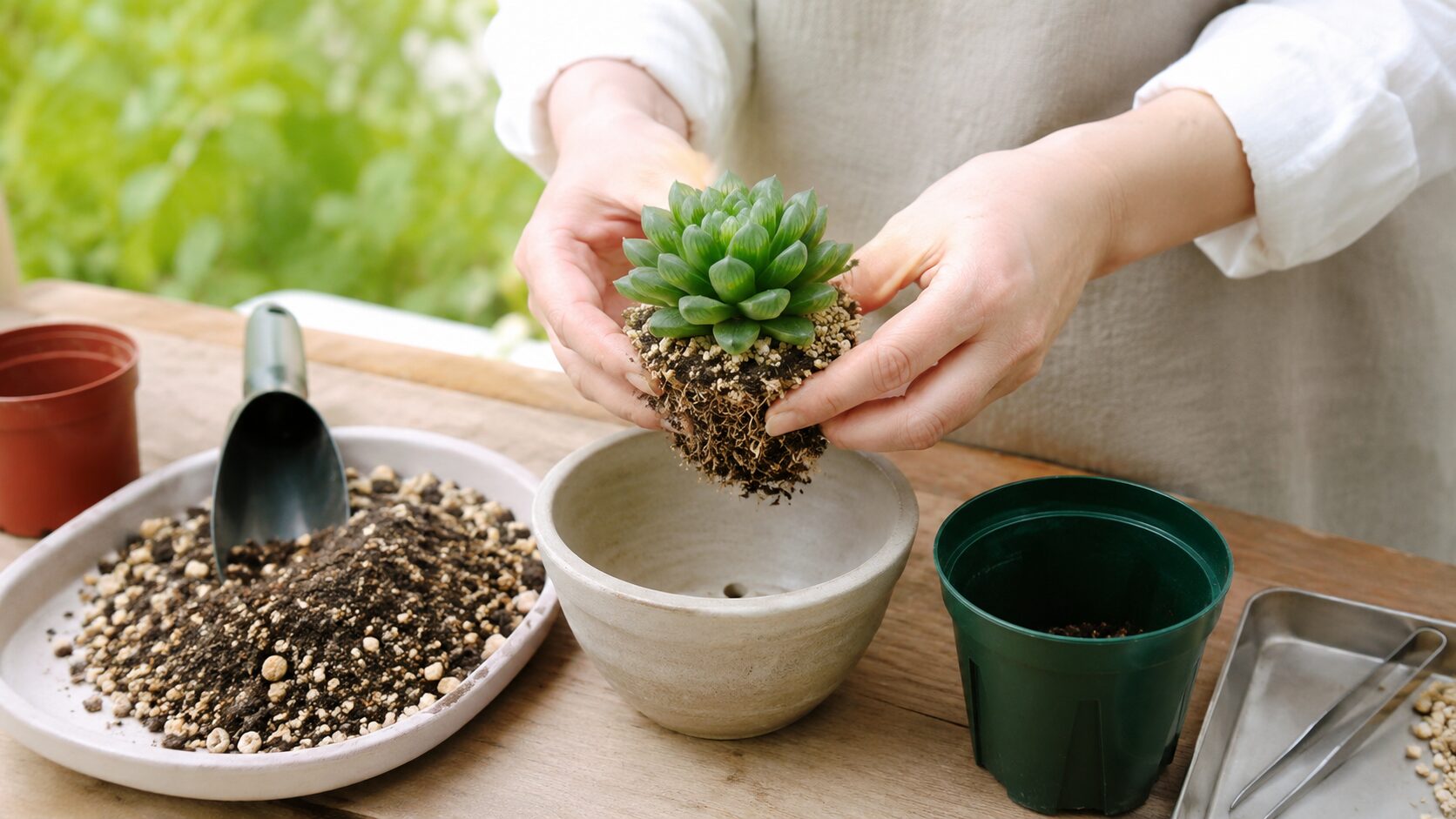 ハオルチアを古いポットから抜き、根の状態を確認しながら植え替え準備をしている様子