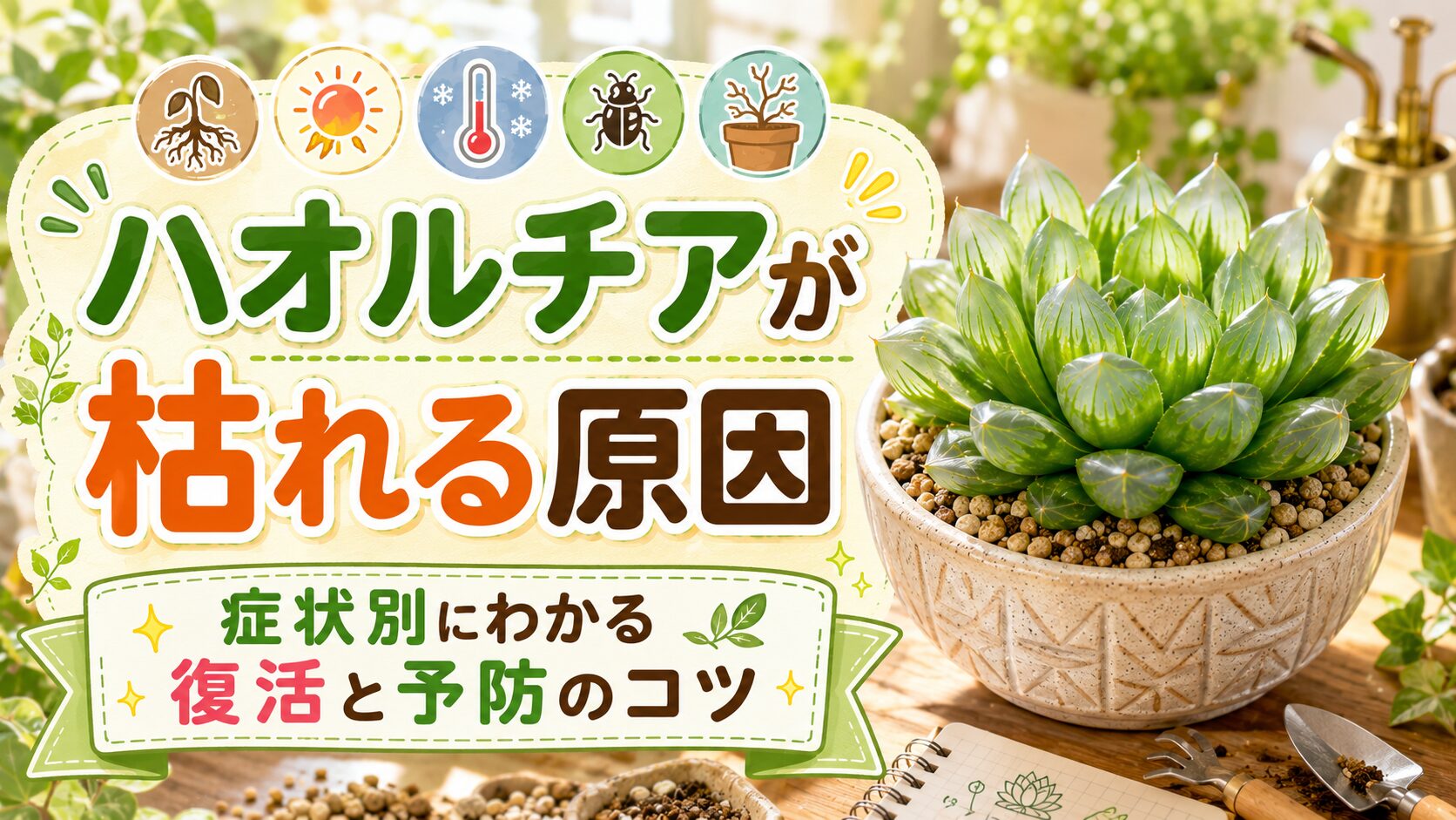 ハオルチアが枯れる原因をテーマに、根腐れ・日焼け・寒さ・害虫・乾燥のアイコンと、鉢植えのハオルチアを大きく配置した記事アイキャッチ画像