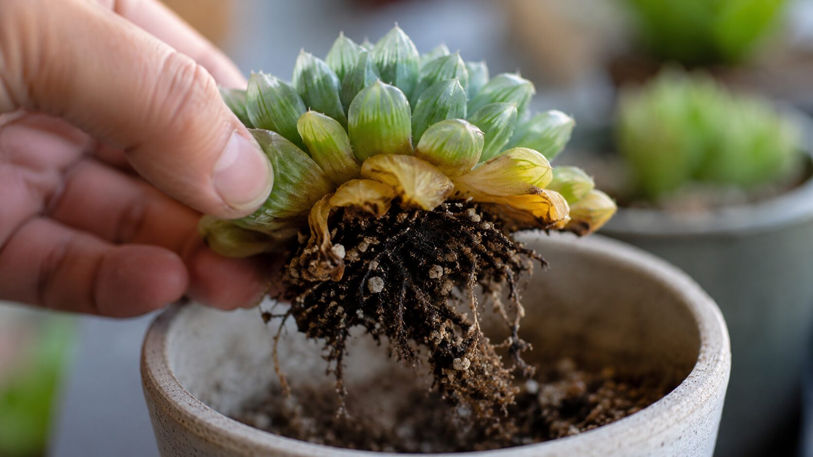 黄変した下葉と黒ずんだ根が見えるハオルチアを手に持ち、根腐れでしおれるサインを示した実写画像