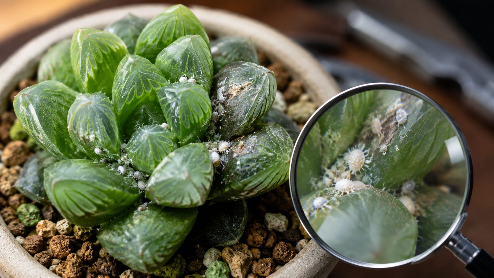 ハオルチアの葉の隙間に白い害虫が付着し、虫眼鏡で病害虫を確認している実写画像