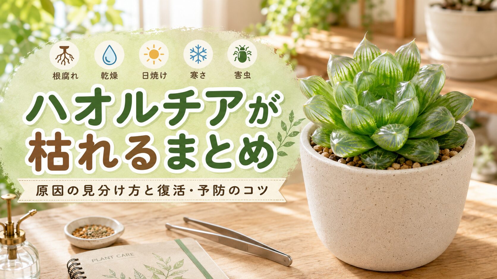 ハオルチアが枯れる原因として根腐れ・乾燥・日焼け・寒さ・害虫を示し、復活と予防のコツをまとめた画像