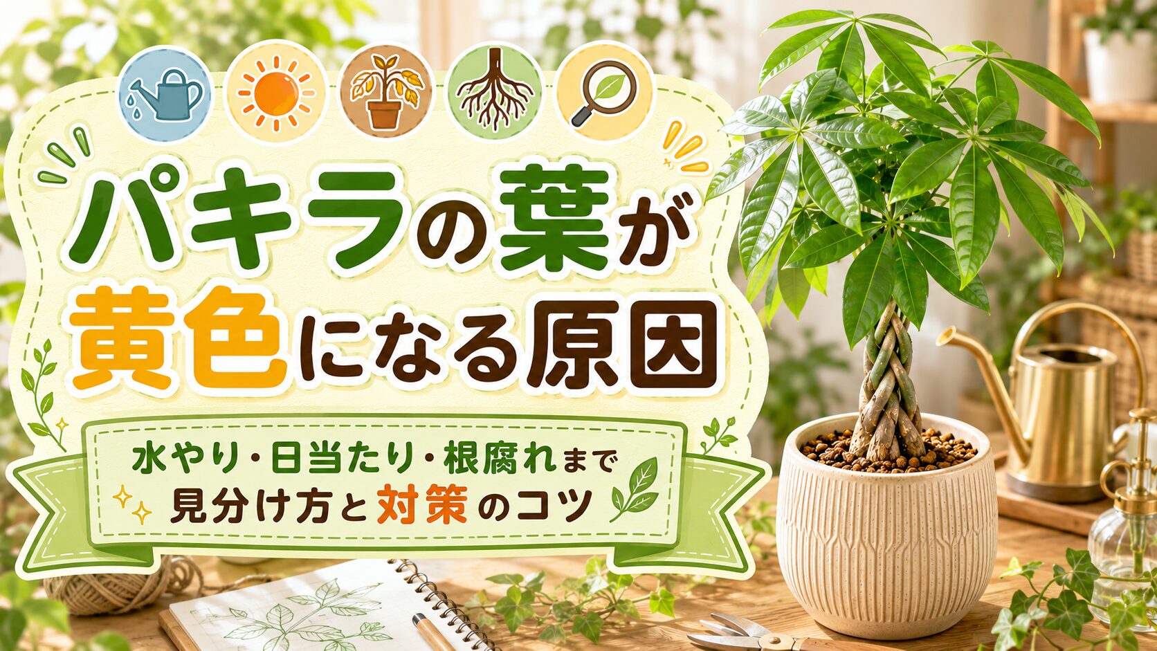 パキラの葉が黄色になる原因を、水やり・日当たり・根腐れの視点から解説する記事のアイキャッチ画像