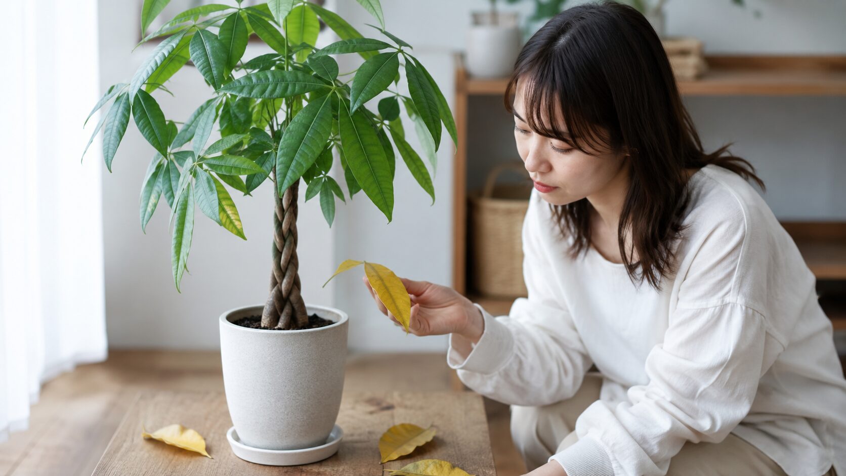 落ちた黄色い葉を手に取り、パキラの状態を確認している女性の様子