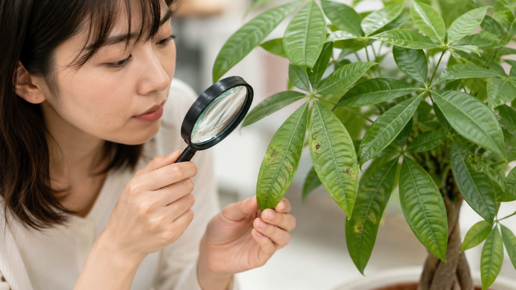 虫眼鏡でパキラの葉裏や斑点を確認する女性の様子。害虫と病気の見分け方を示す写真