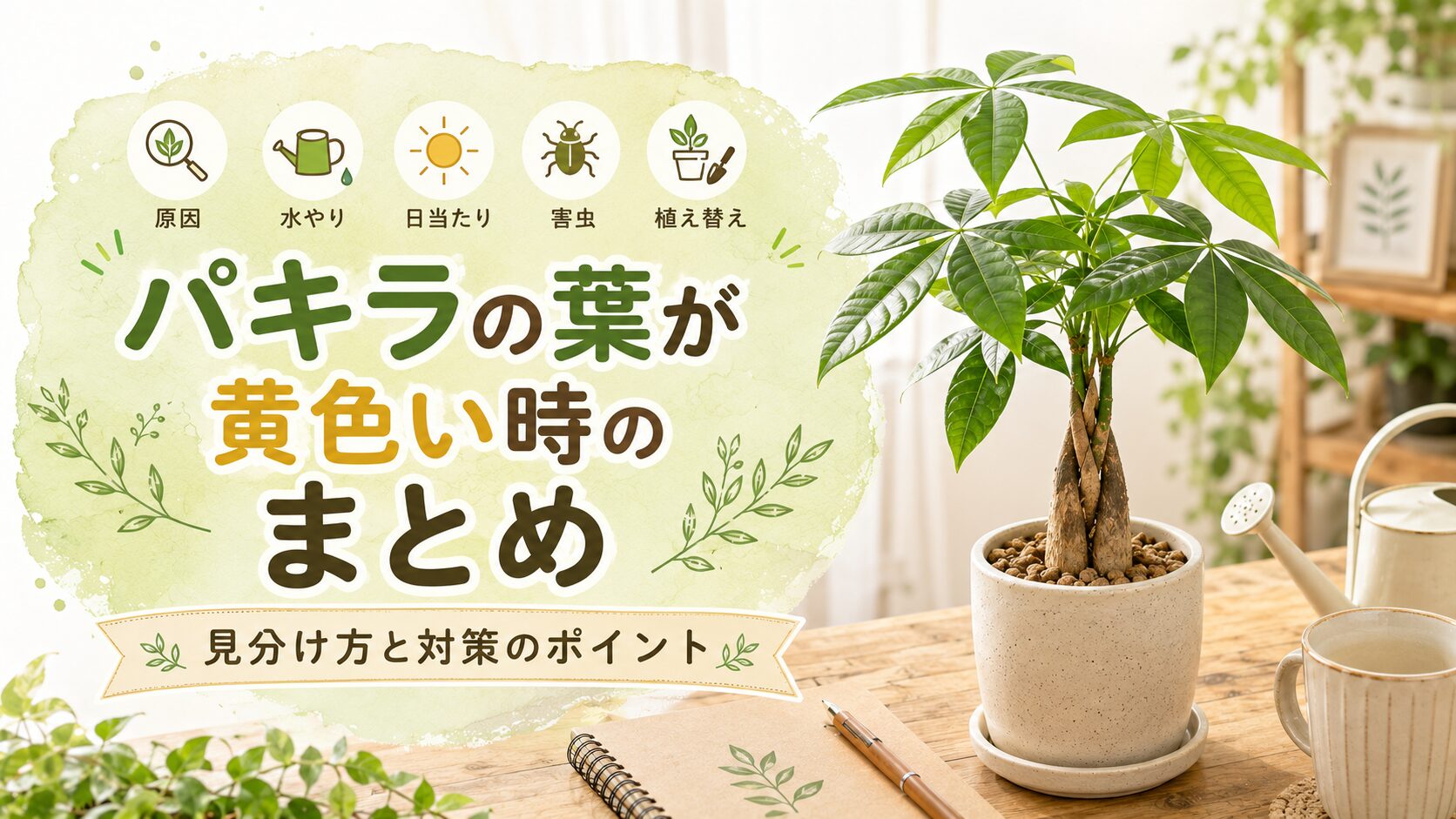 パキラの葉が黄色い時の原因、水やり、日当たり、害虫、植え替えの対策をまとめた画像