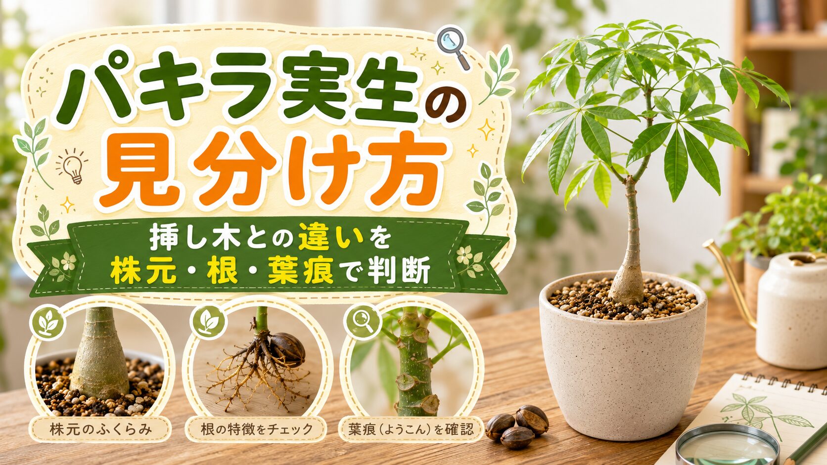 パキラ実生の見分け方を解説するアイキャッチ画像。株元のふくらみ、根の特徴、葉痕を確認するポイントと、実生のパキラを室内でわかりやすく紹介している。