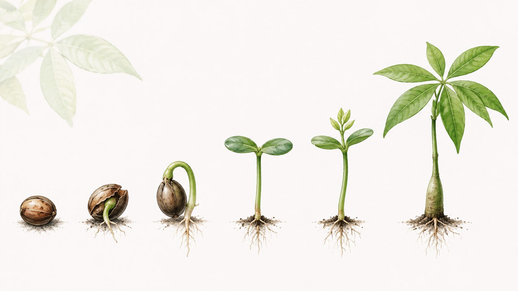 パキラの種から双葉、本葉へ成長する流れを示した植物イラスト