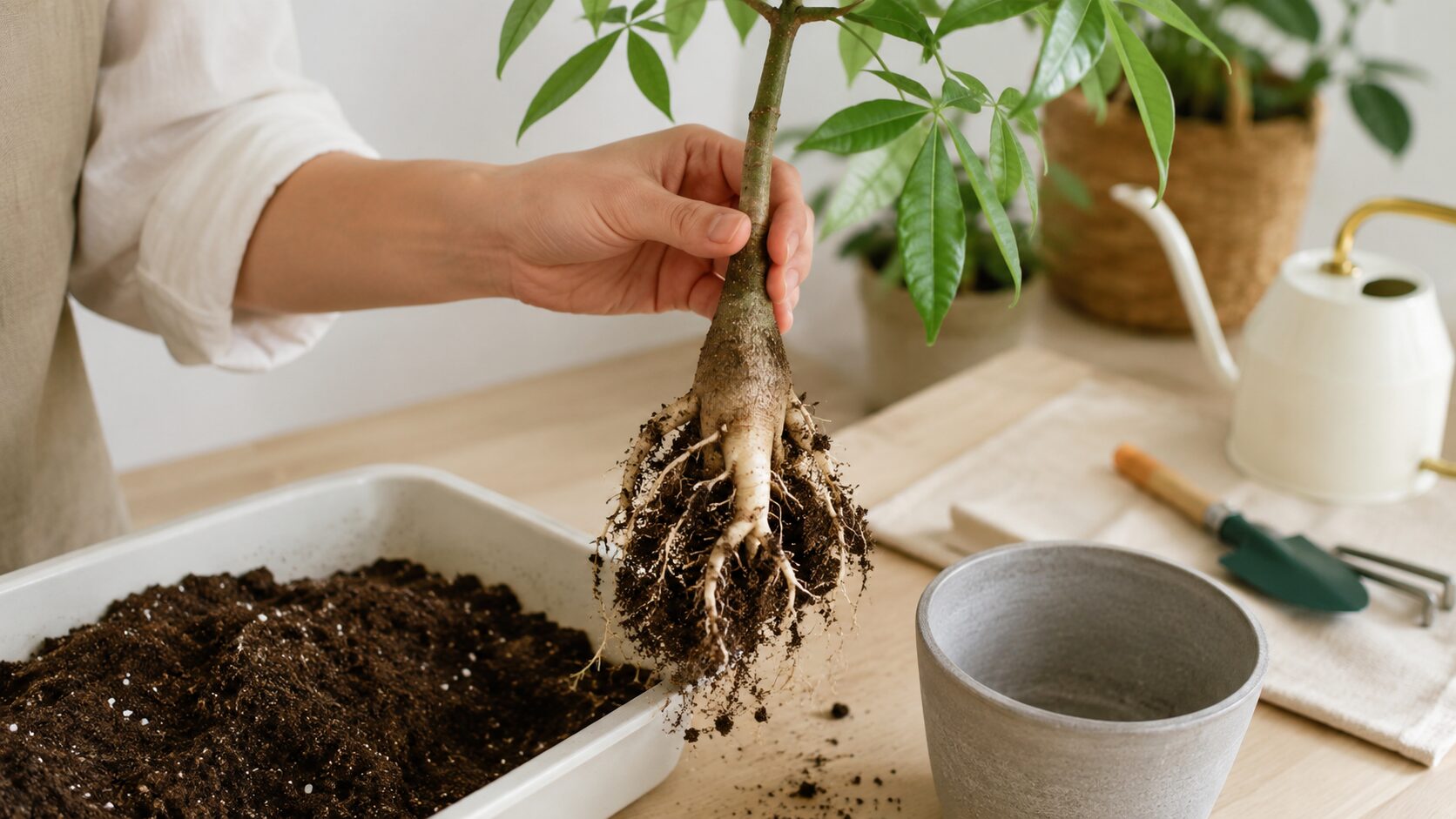 植え替え時にパキラ実生株を持ち上げ、太い主根と細い根を確認している画像