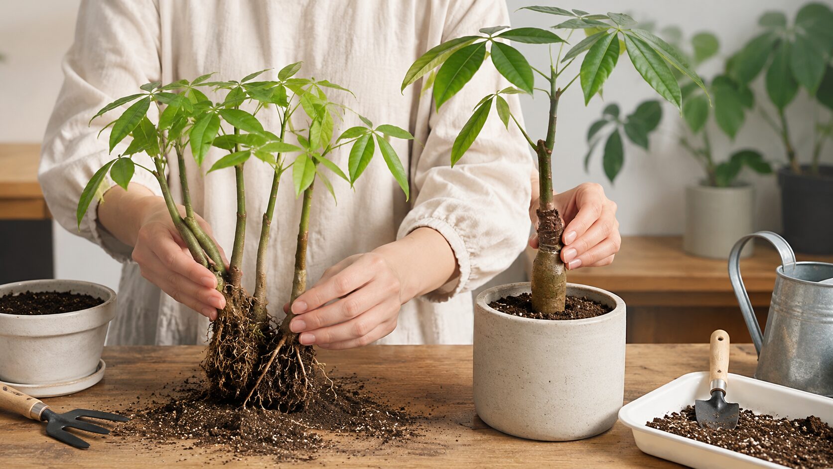 パキラの株分け苗と接ぎ木苗を作業台で比較し、根や接合部を確認している画像