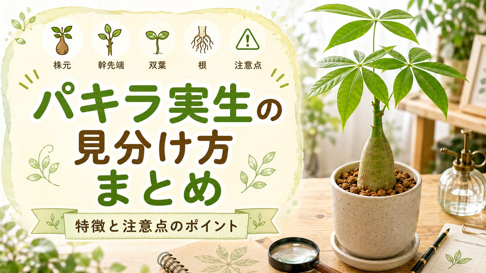 パキラ実生の見分け方まとめとして、株元・幹先端・双葉・根・注意点を示した解説画像