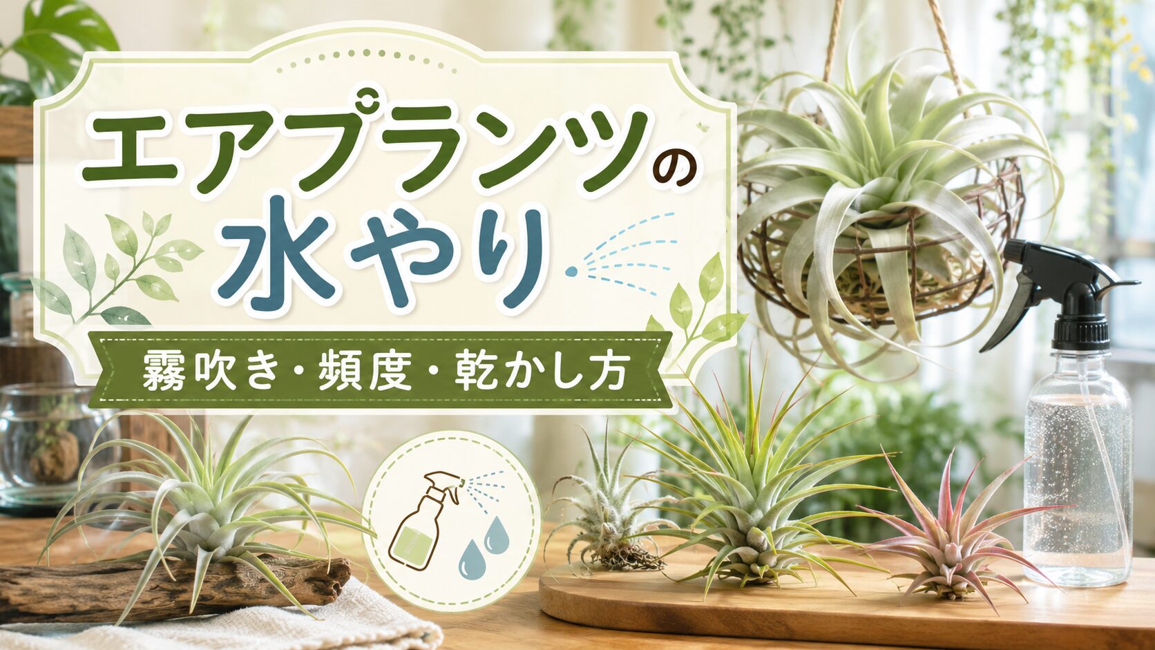 エアプランツの水やり方法を解説するアイキャッチ画像。霧吹き、頻度、乾かし方をテーマに、室内のチランジアとスプレーボトルを配置したデザイン