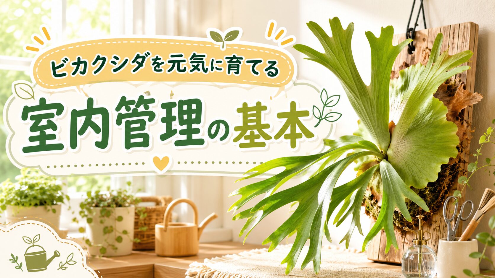 明るい室内の窓辺で板付けしたビカクシダを育てる様子を背景に、ビカクシダを元気に育てる室内管理の基本と書かれたアイキャッチ画像