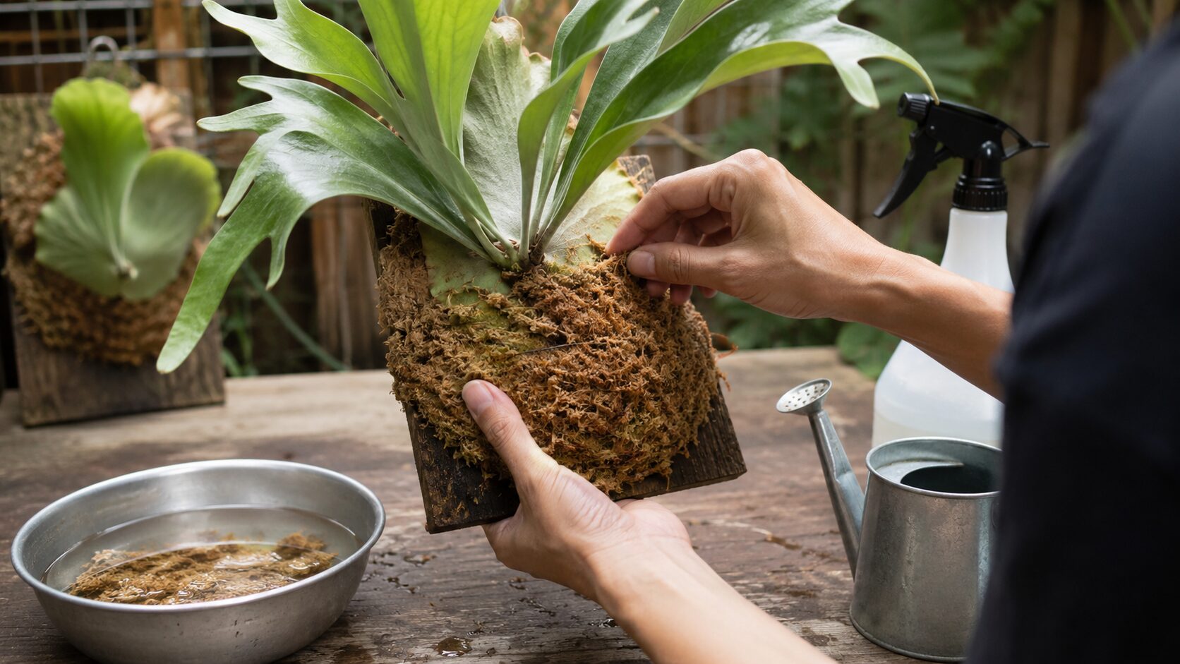 板付けしたビカクシダの水苔を手で確認しながら、ボウルの水やじょうろを使って水やり管理をする様子の画像