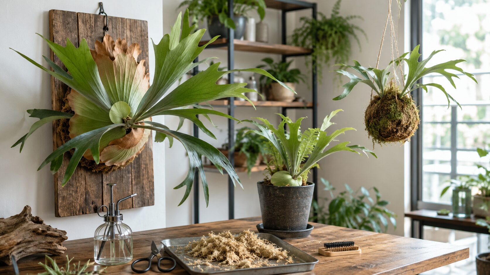 板付け・鉢植え・苔玉のビカクシダを室内で飾りながら管理する、応用的な育て方をイメージした画像