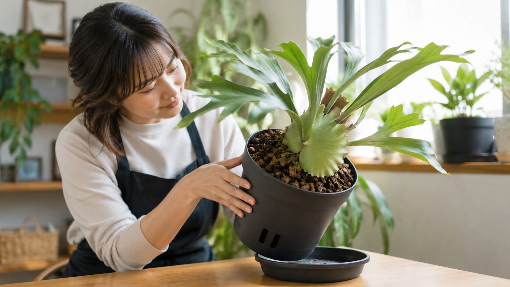 日本人女性が鉢植えのビカクシダを持ち上げ、用土や受け皿の状態を確認している管理方法の画像