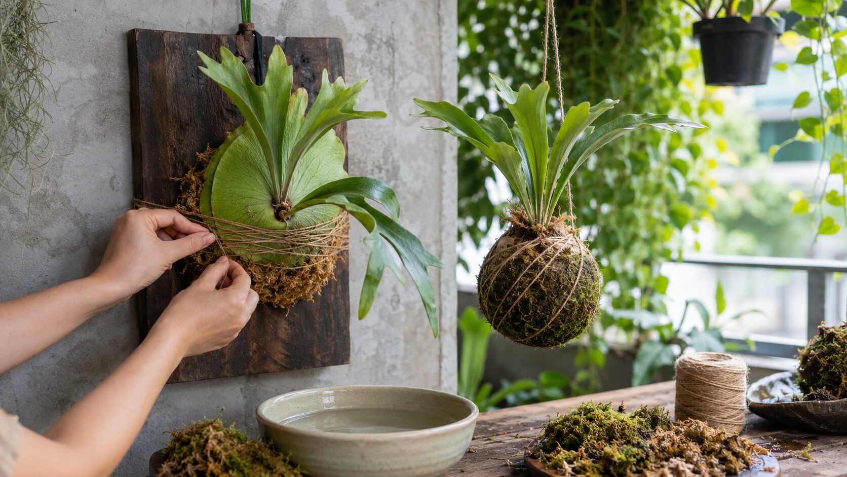 板付けしたビカクシダをひもで固定し、隣に苔玉仕立てを吊るした、板付けと苔玉の作り方をイメージした画像