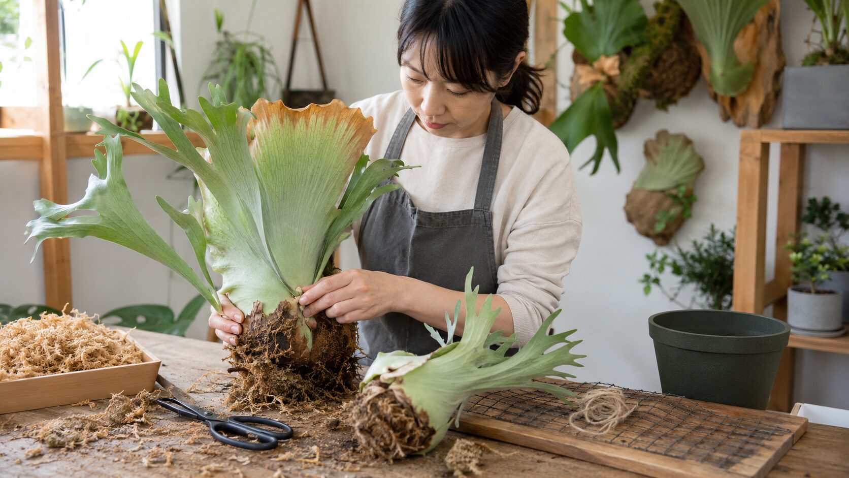 日本人女性がビカクシダを作業台で取り出し、根を確認しながら植え替えと株分けをしている画像