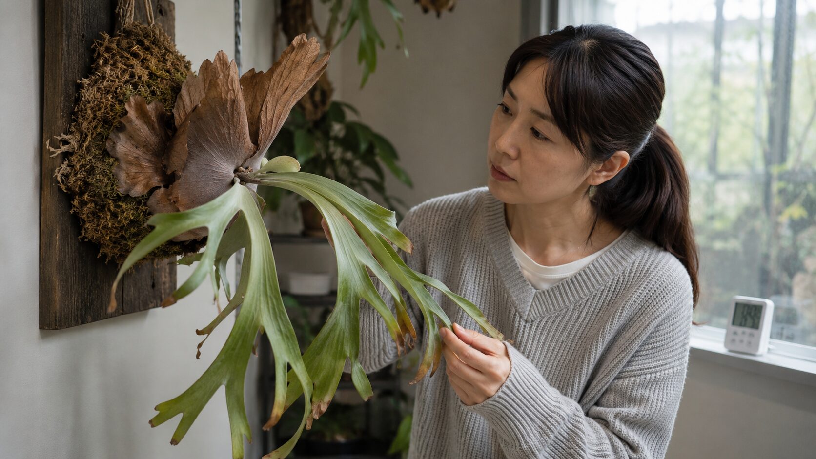 日本人女性が垂れた葉のビカクシダを室内で観察し、傷みや管理状態を確認している画像