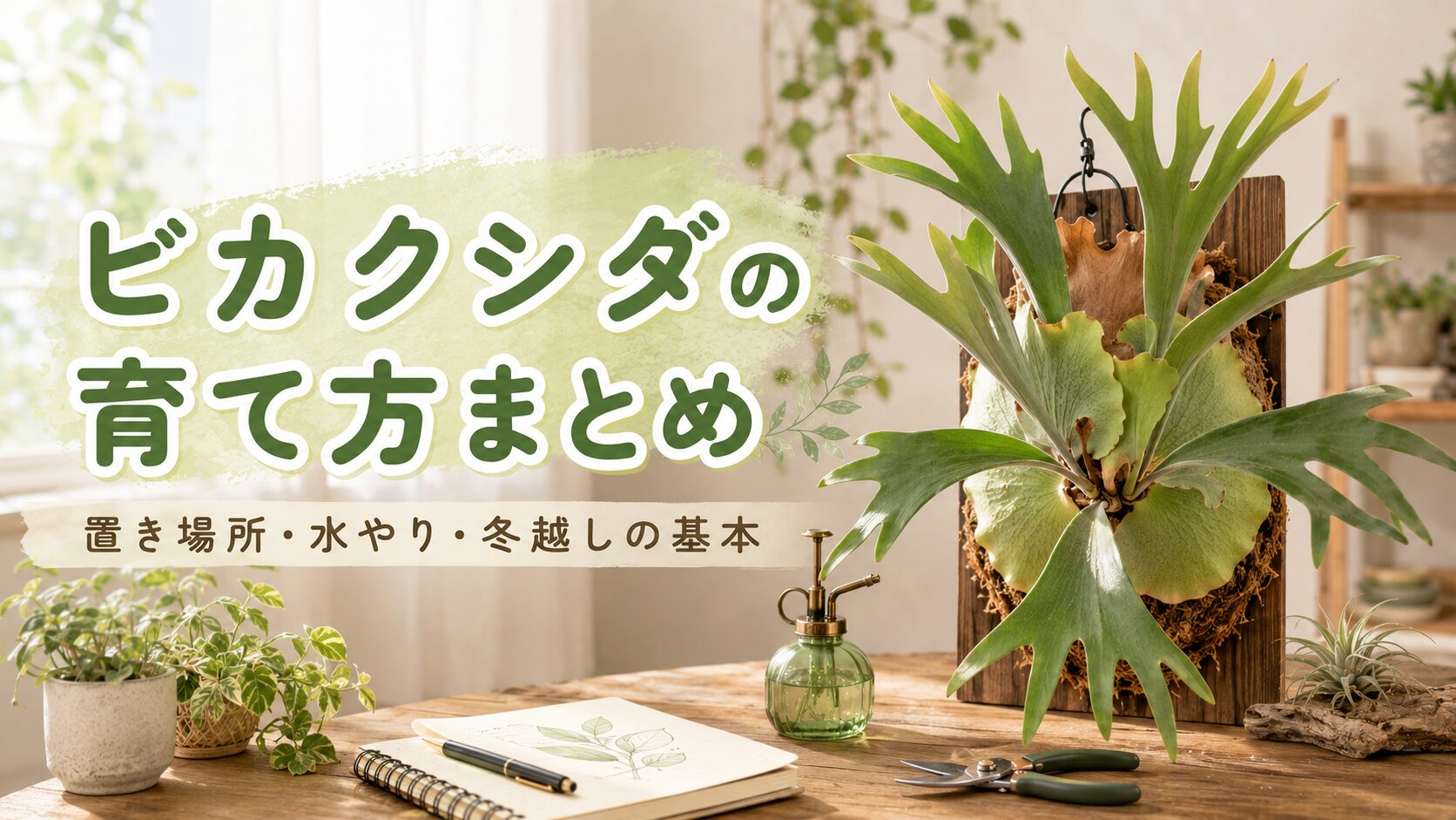 明るい室内で板付けしたビカクシダを背景に、ビカクシダの育て方まとめと置き場所・水やり・冬越しの基本を大きく配置したまとめ画像