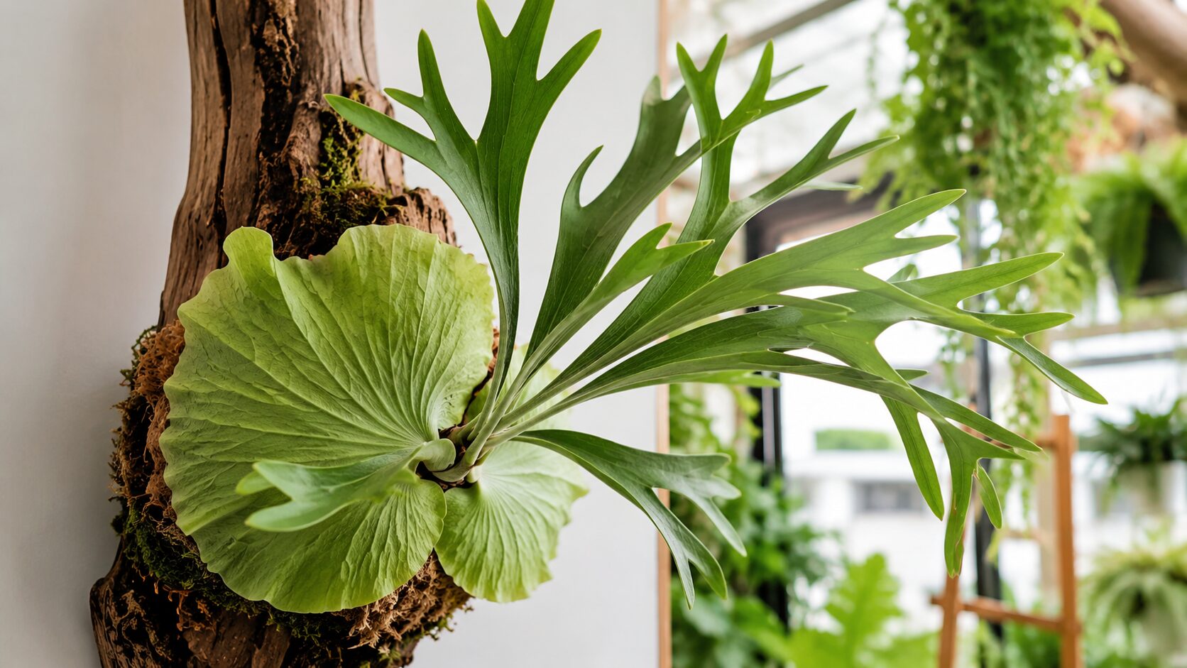 板付けされたビカクシダの全体像。株元の大きな貯水葉と、鹿の角のように伸びる緑の胞子葉がよく分かる写真。