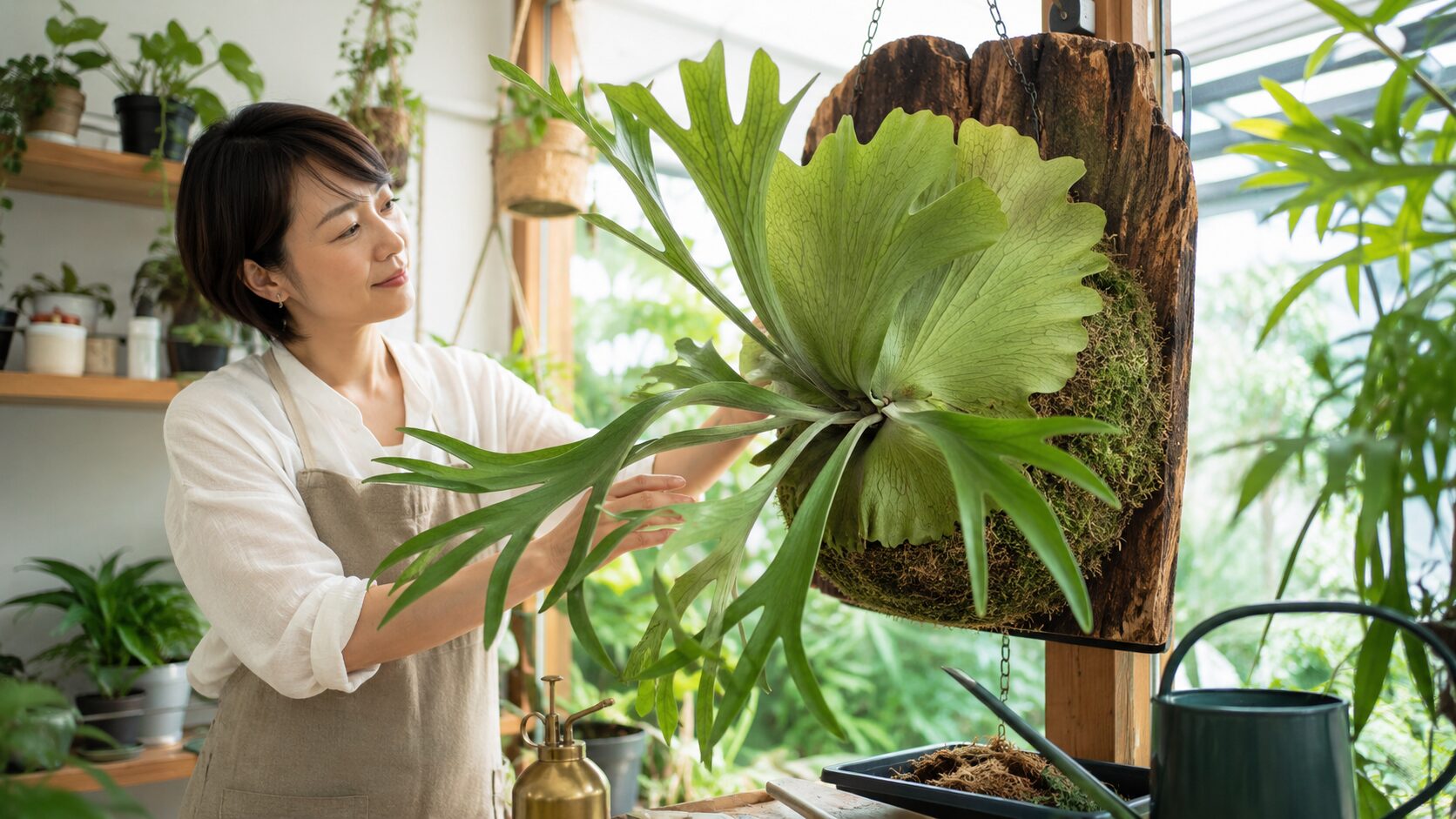 日本人女性が室内で板付けされたビカクシダの貯水葉を手入れしている写真。水苔や胞子葉の状態も確認できる管理イメージ。