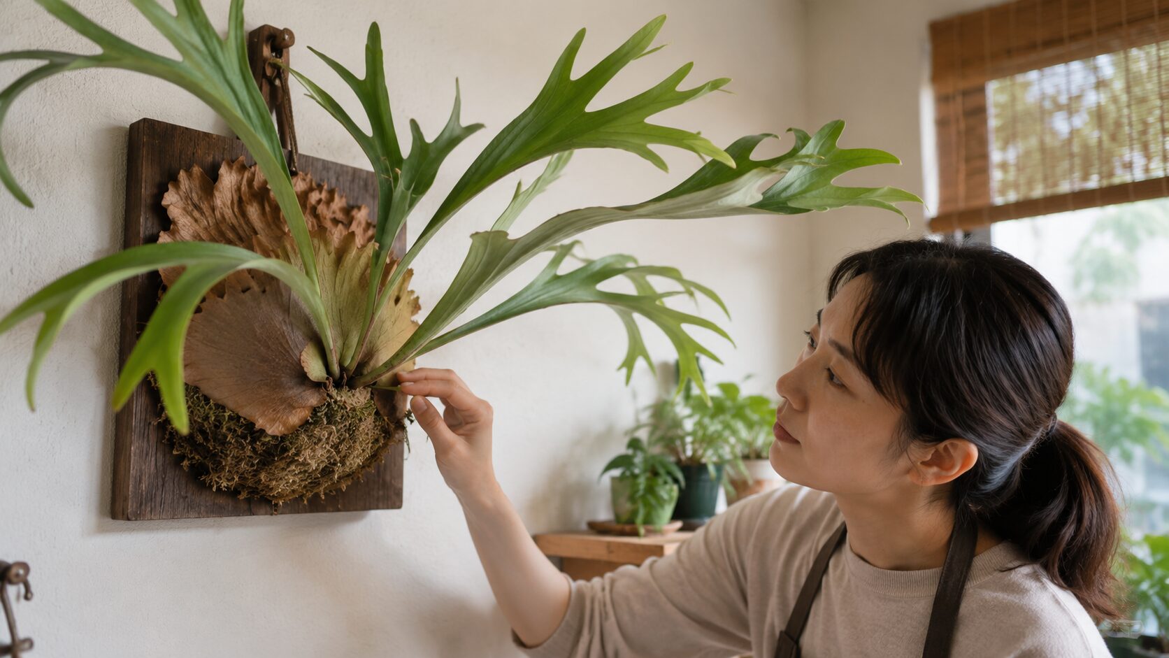 日本人女性が壁に掛けたビカクシダの株元を確認している写真。貯水葉が出ない原因を探るため成長点や水苔を観察している。