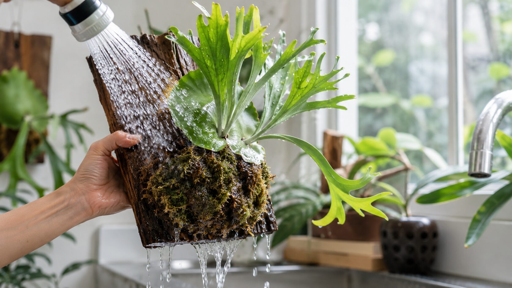 板付けされたビカクシダにシャワーで水を与え、水苔から余分な水が流れ落ちている写真。水やりと乾かし方が分かる。