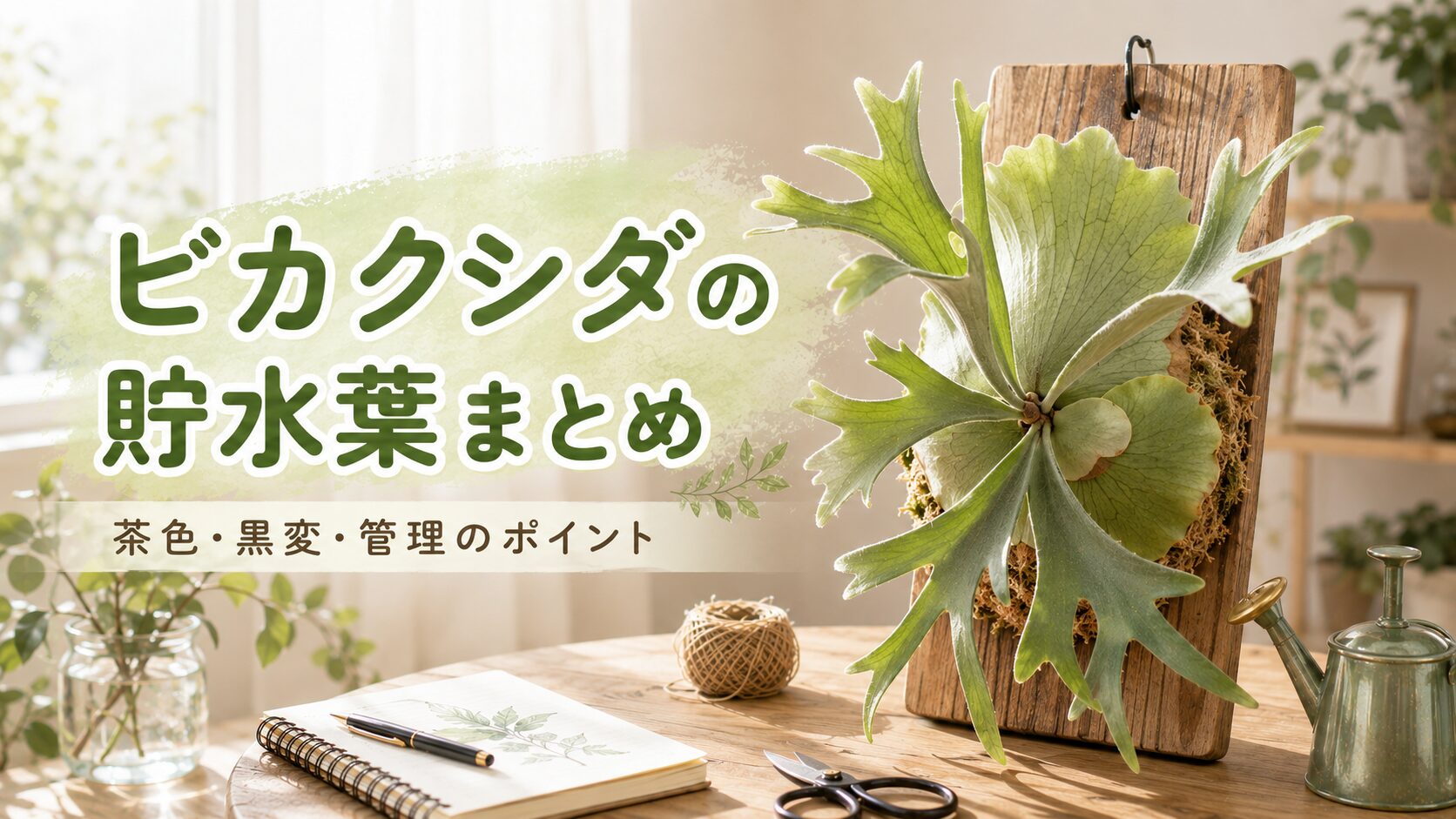 板付けされたビカクシダと貯水葉を中心に、茶色・黒変・管理のポイントをまとめたアイキャッチ画像。水やり道具や剪定ばさみも写る。