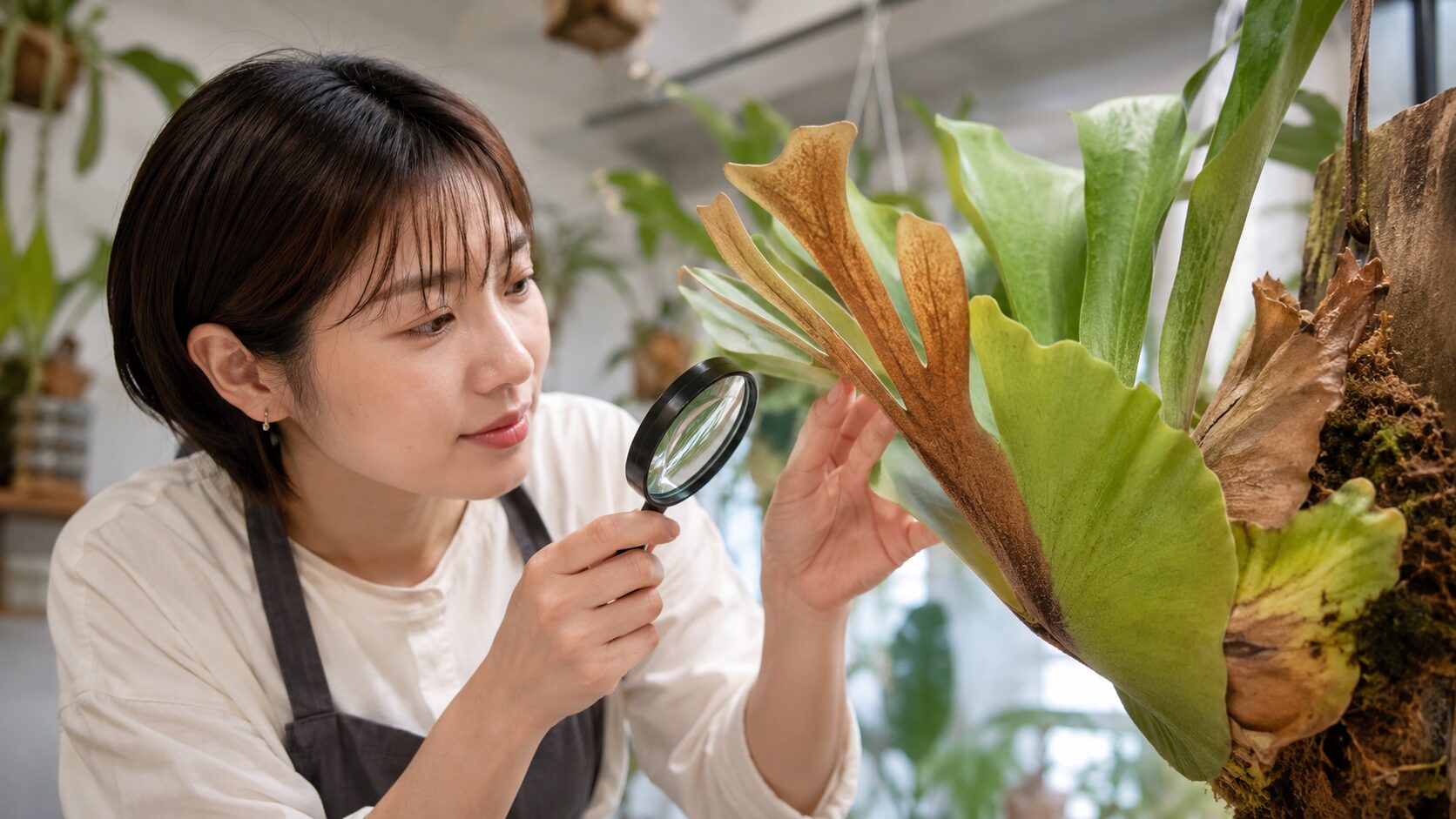 日本人女性が虫眼鏡でビカクシダの茶色い葉裏を観察している画像。正常な胞子嚢群か傷みかを確認しているイメージを表している。