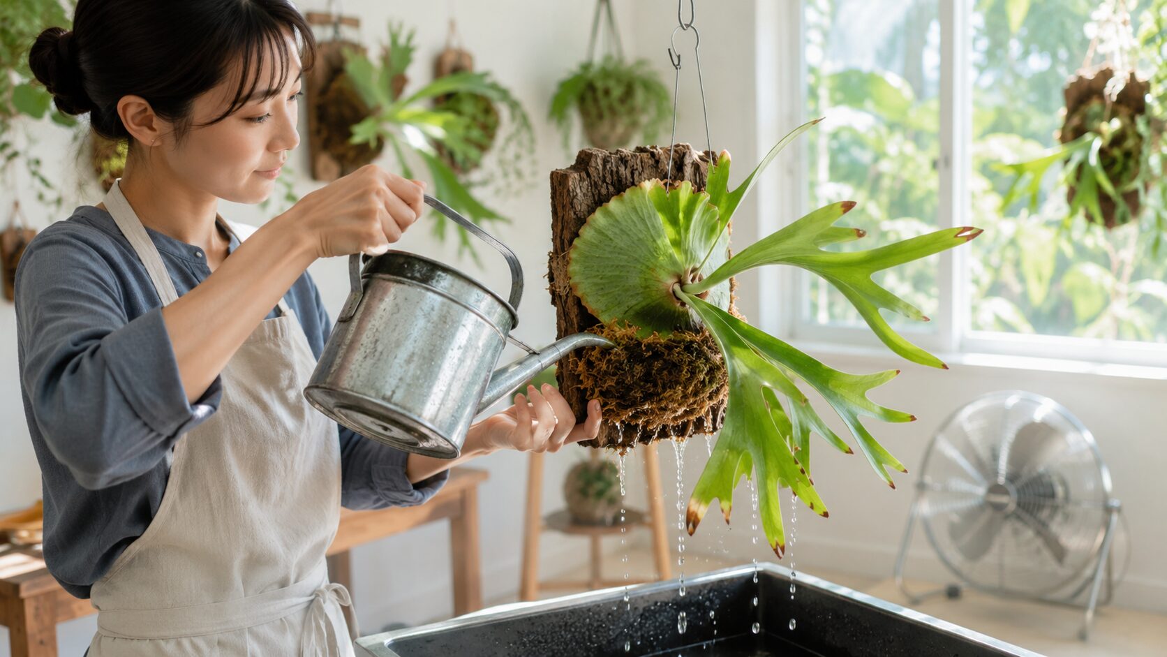 日本人女性が板付けしたビカクシダにじょうろで水やりしている画像。株全体をしっかり湿らせ、水が下に落ちる様子から乾湿の管理をイメージできる。