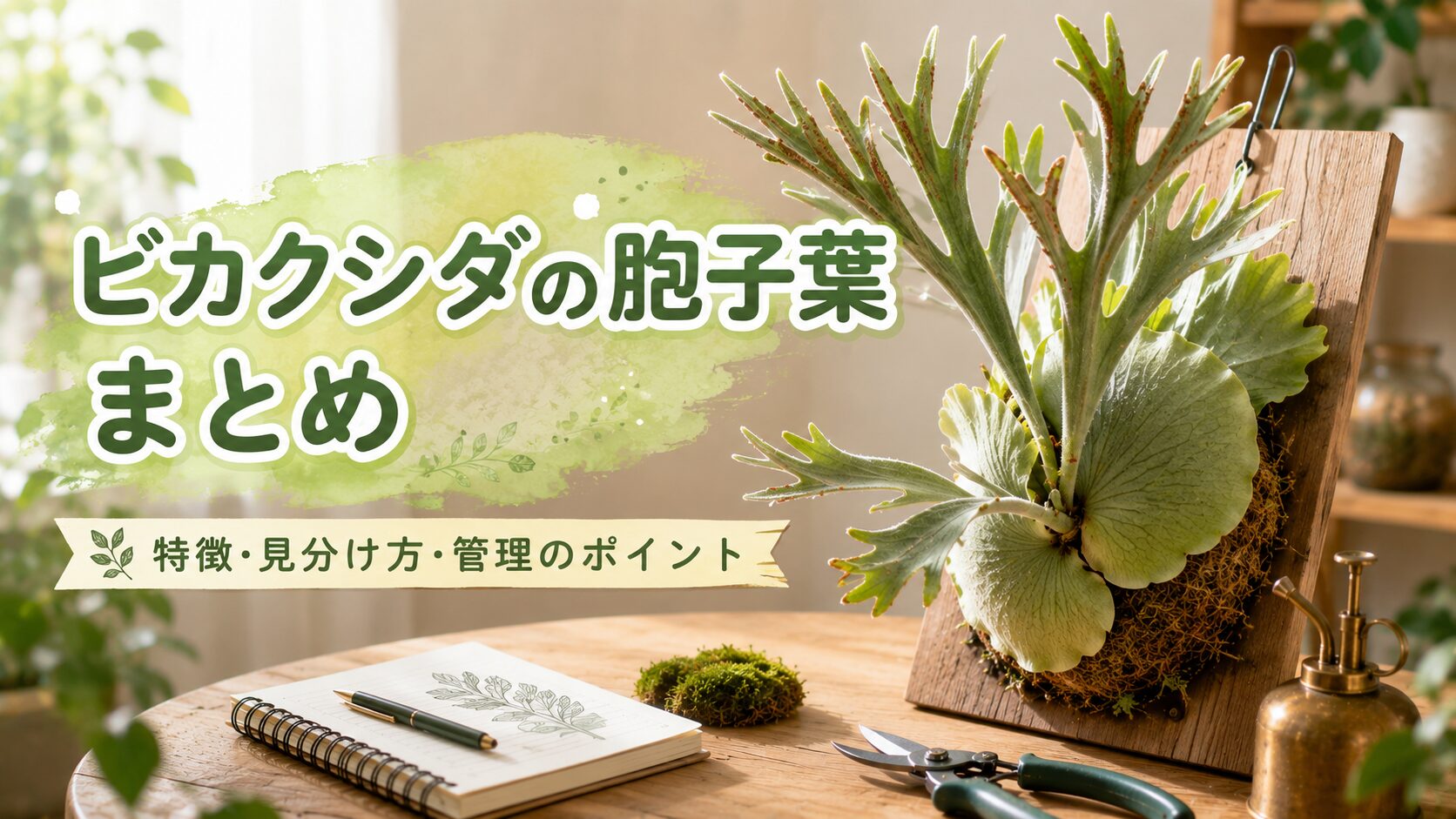 板付けしたビカクシダの胞子葉と貯水葉を背景に、ビカクシダの胞子葉まとめと書かれたアイキャッチ画像。特徴、見分け方、管理のポイントを解説する記事内容を表している。