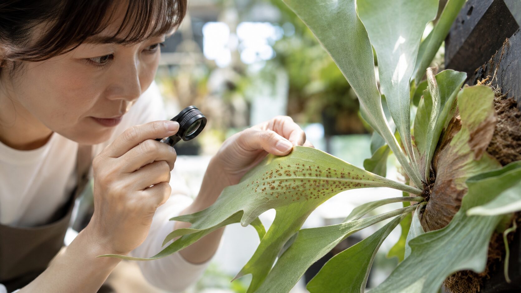 日本人女性がビカクシダの葉裏にある茶色い粒をルーペで確認している様子