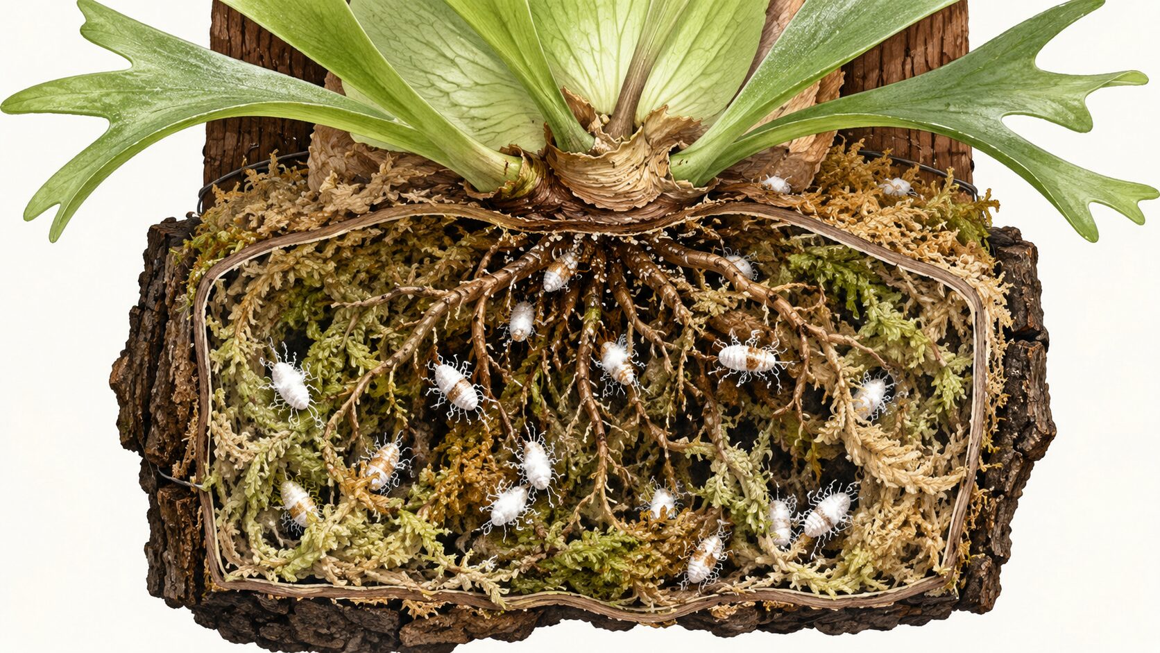 ビカクシダの根元や水苔内部に潜む白いカイガラムシを示した断面イメージ画像