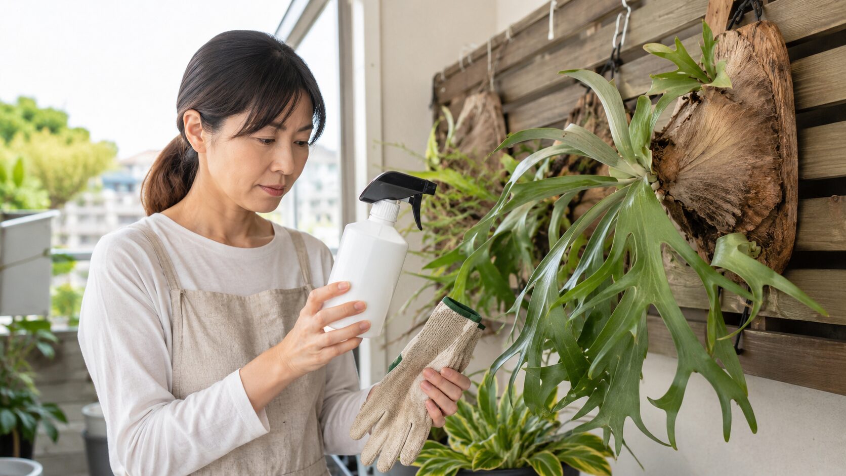 日本人女性がビカクシダの前で薬剤スプレーのボトルを確認している、使用前チェックのイメージ画像