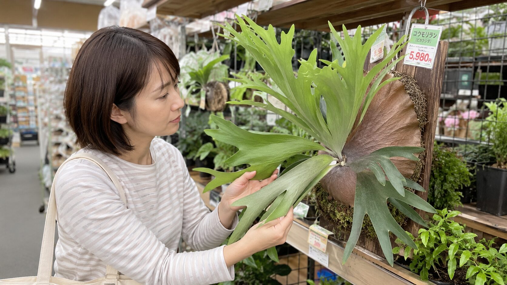 ホームセンターの売り場で板付けされたビカクシダを確認している日本人女性の写真。ラベルや葉姿、株の状態を見て選ぶ様子が分かる