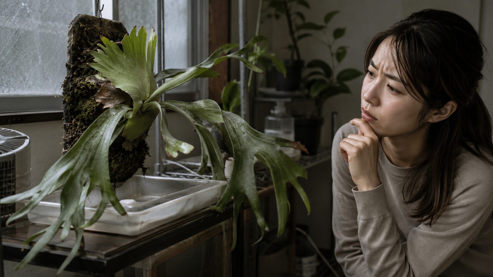葉が乱れて元気のないビカクシダを前に、原因を考えている日本人女性の写真。光不足や水やりの乱れでネザーランドらしく見えない状況を表している